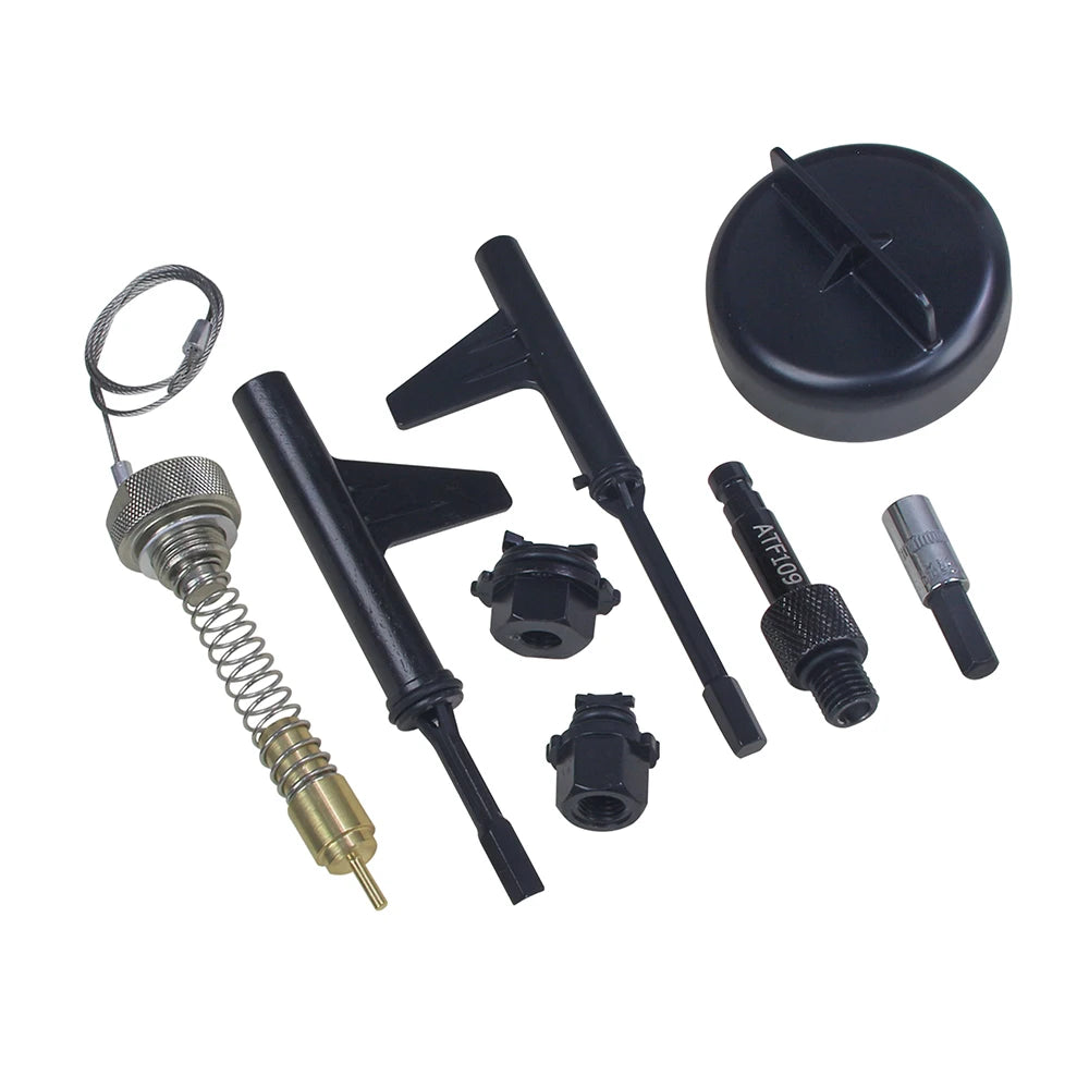 Transmission Oil Filling Tool Mercedes-Benz - Full kit components laid out including drain tool, adapters and filling cap | Wrench Haus
