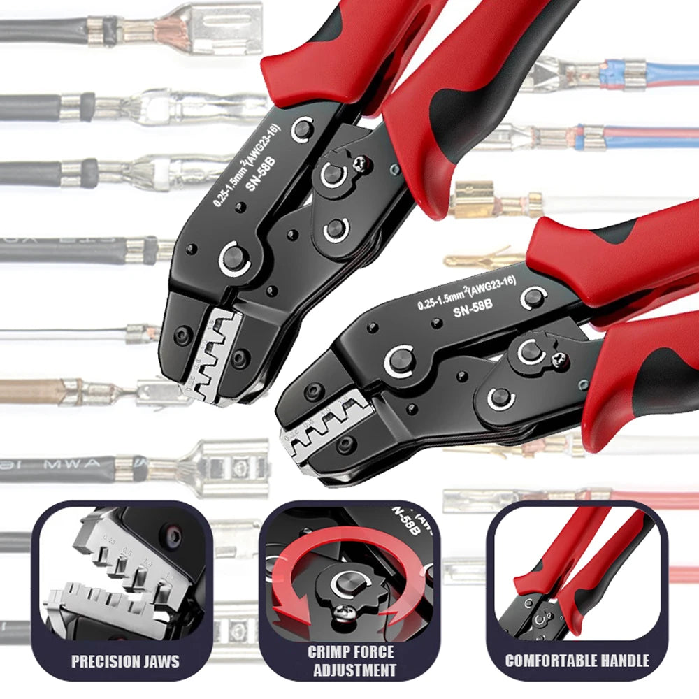 Ratcheting Crimping Tool Set SN-58B - Multi-panel feature callout showing ratchet release mechanism, crimp die profiles and in-use connector crimping | Wrench Haus