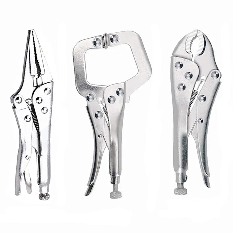 7" Locking Pliers Set - Pointed nose, round jaw, and C-clamp locking pliers in chrome finish, three styles shown | Wrench Haus