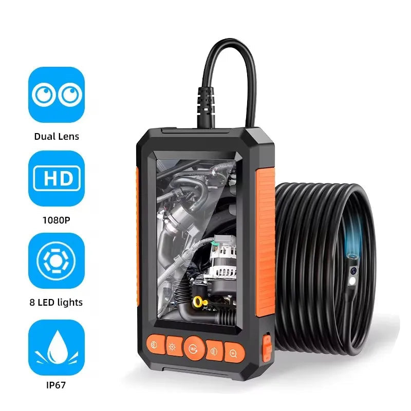 Industrial Borescope Inspection Camera - Dual lens 1080p inspection camera with 4.3" screen, 8 LED lights, IP67 waterproof probe, and coiled cable | Wrench Haus