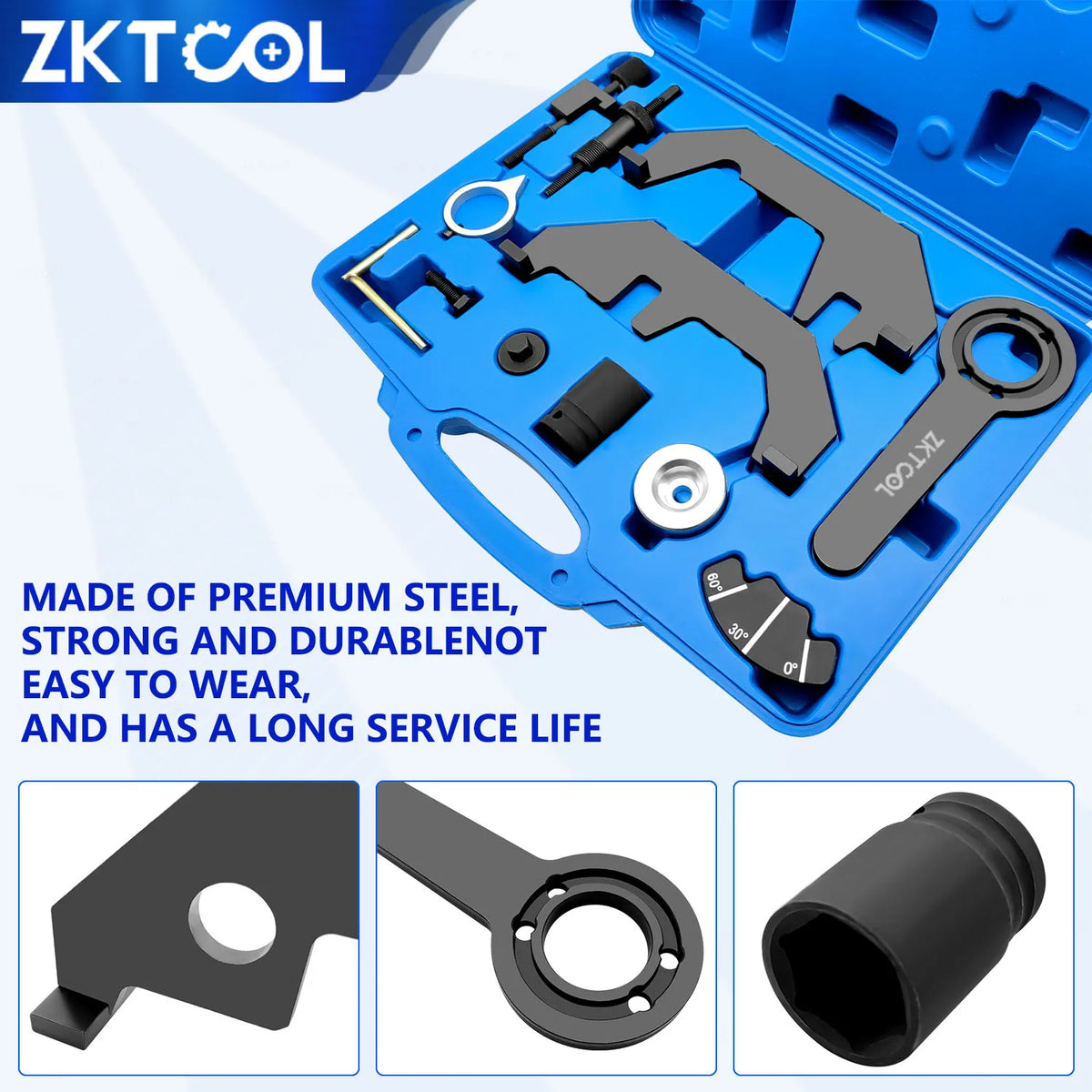 Open case of the BMW N62/N73 camshaft locking kit with close-ups of lock plate, wrench and impact sleeve | Wrench Haus