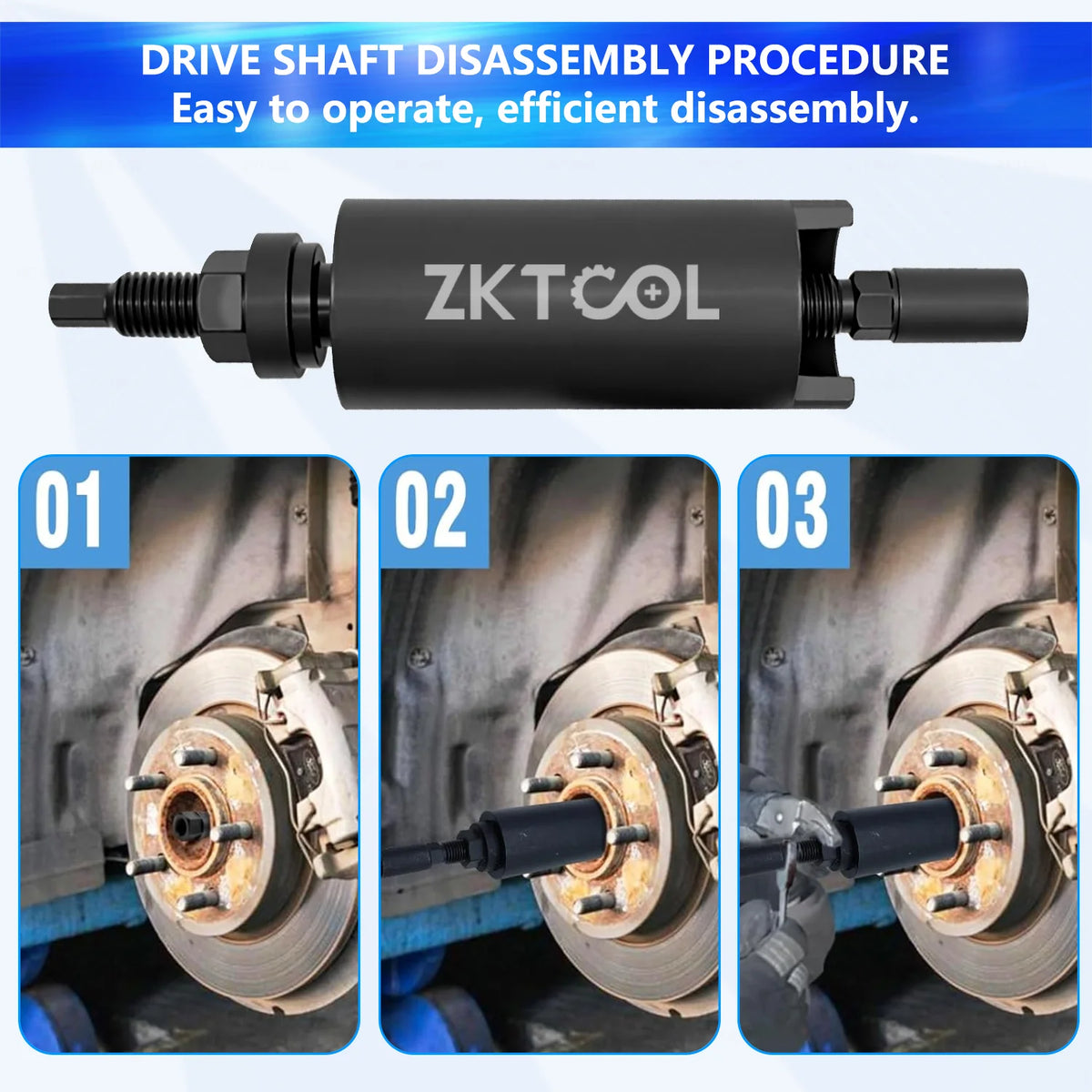 Drive shaft puller attached to a hub in three numbered steps showing the removal procedure | Wrench Haus