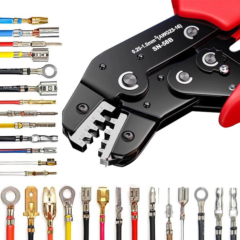 Ratcheting Crimping Tool Set SN-58B - SN-58B crimping tool shown with full connector compatibility grid including DuPont JST MOLEX SATA and Tamiya terminals | Wrench Haus