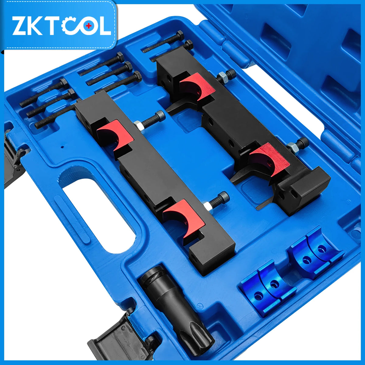 Close-up of Mercedes M270/M274 camshaft timing bars with red inserts seated in the blue case | Wrench Haus