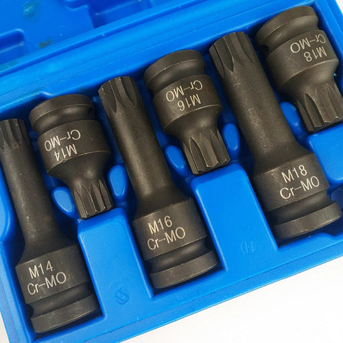  6-Piece Spline Socket Wrench Set M14-M18 1/2" Drive - Close-up of Cr-Mo spline sockets M14, M16 and M18 in blue storage case | Wrench Haus