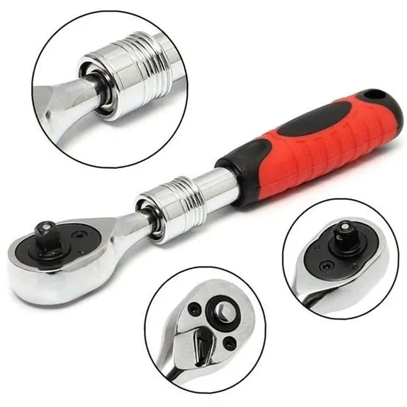 Quick-Release Retractable Ratchet Wrench Set - Close-up of 72-tooth ratchet head and quick-release button with red and silver handle detail | Wrench Haus