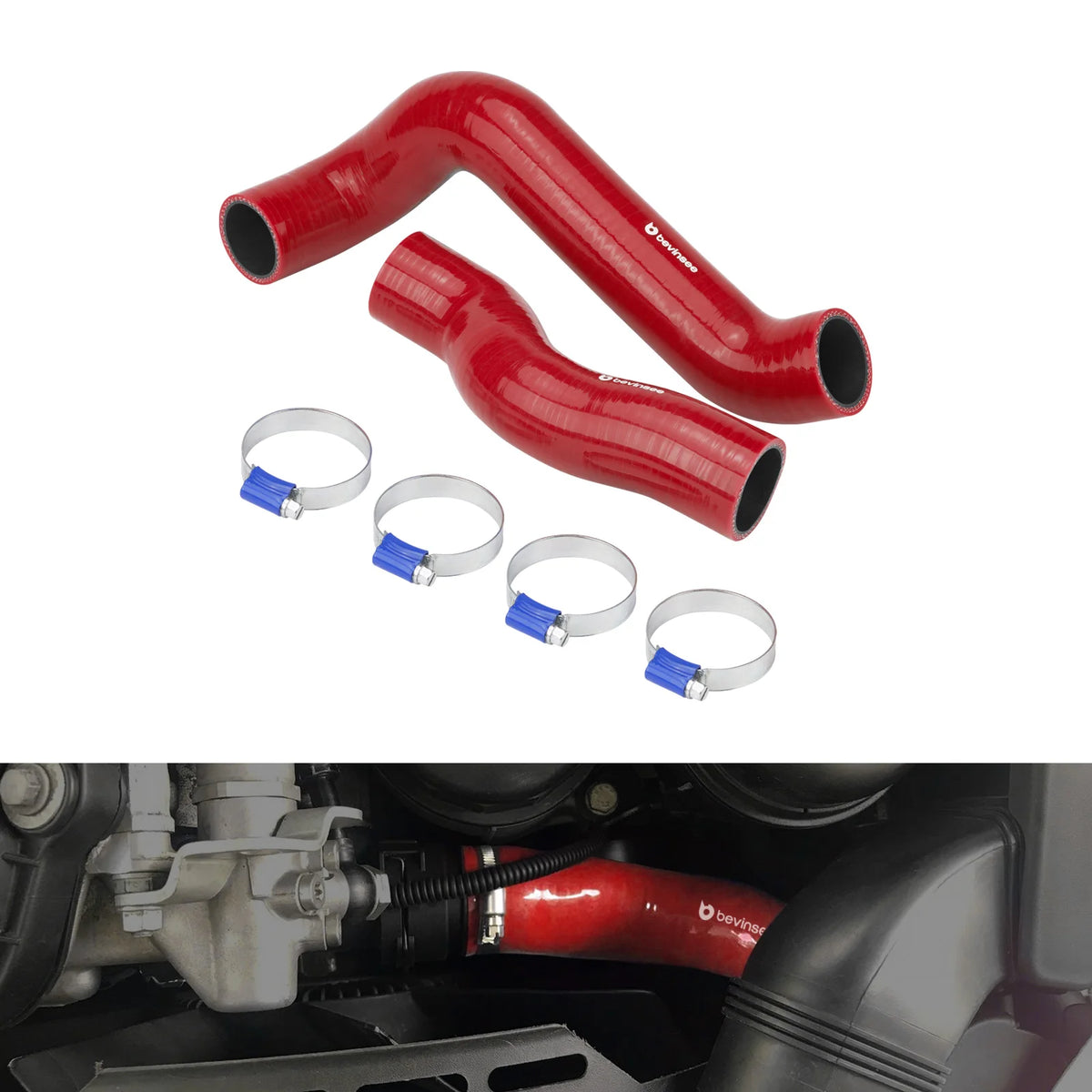 Silicone radiator hose kit, red upper and lower hoses with four clamps, installed | Wrench Haus
