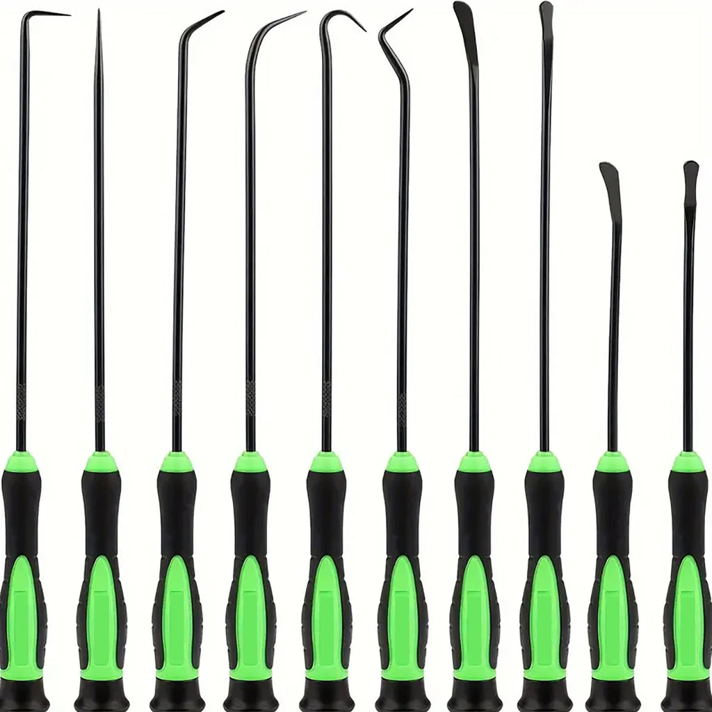 10-Piece Hook & Pick Tool Set - Full set of 10 hook and pick tools standing upright showing green non-slip handles and varied tip profiles | Wrench Haus