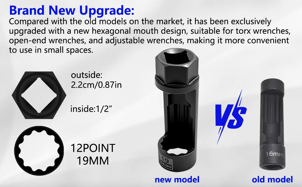 Upgraded strut nut sleeve with hex outer end next to the older round model, 19 mm 12-point diagram | Wrench Haus