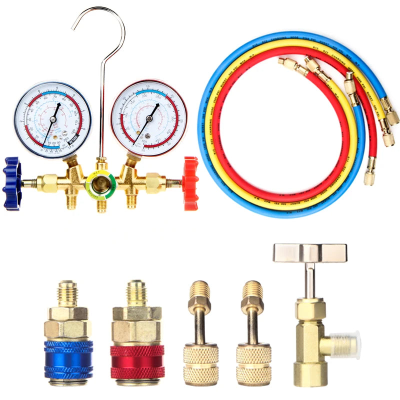 Full A/C gauge kit contents: manifold, three hoses, couplers, adapters and can tap valve | Wrench Haus