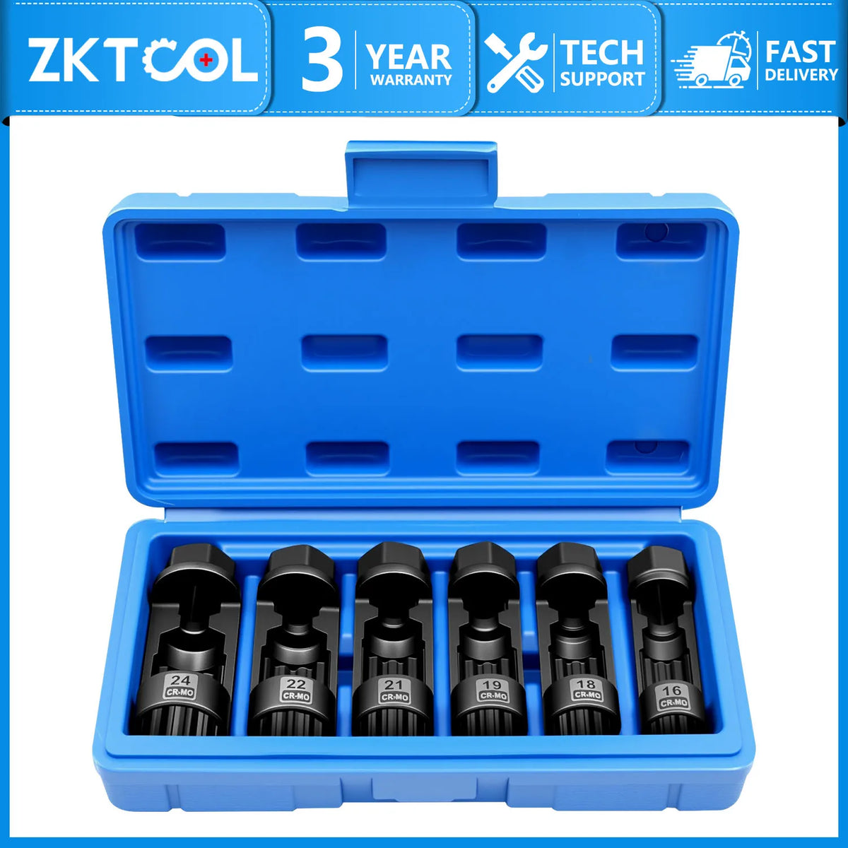 Strut nut sleeve set of six black sockets in blue carry case, front view | Wrench Haus