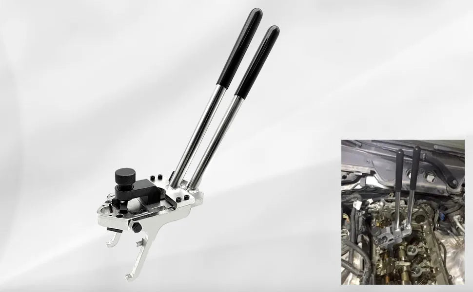 BMW valve spring compressor with handles closed together, shown upright with inset in the engine | Wrench Haus