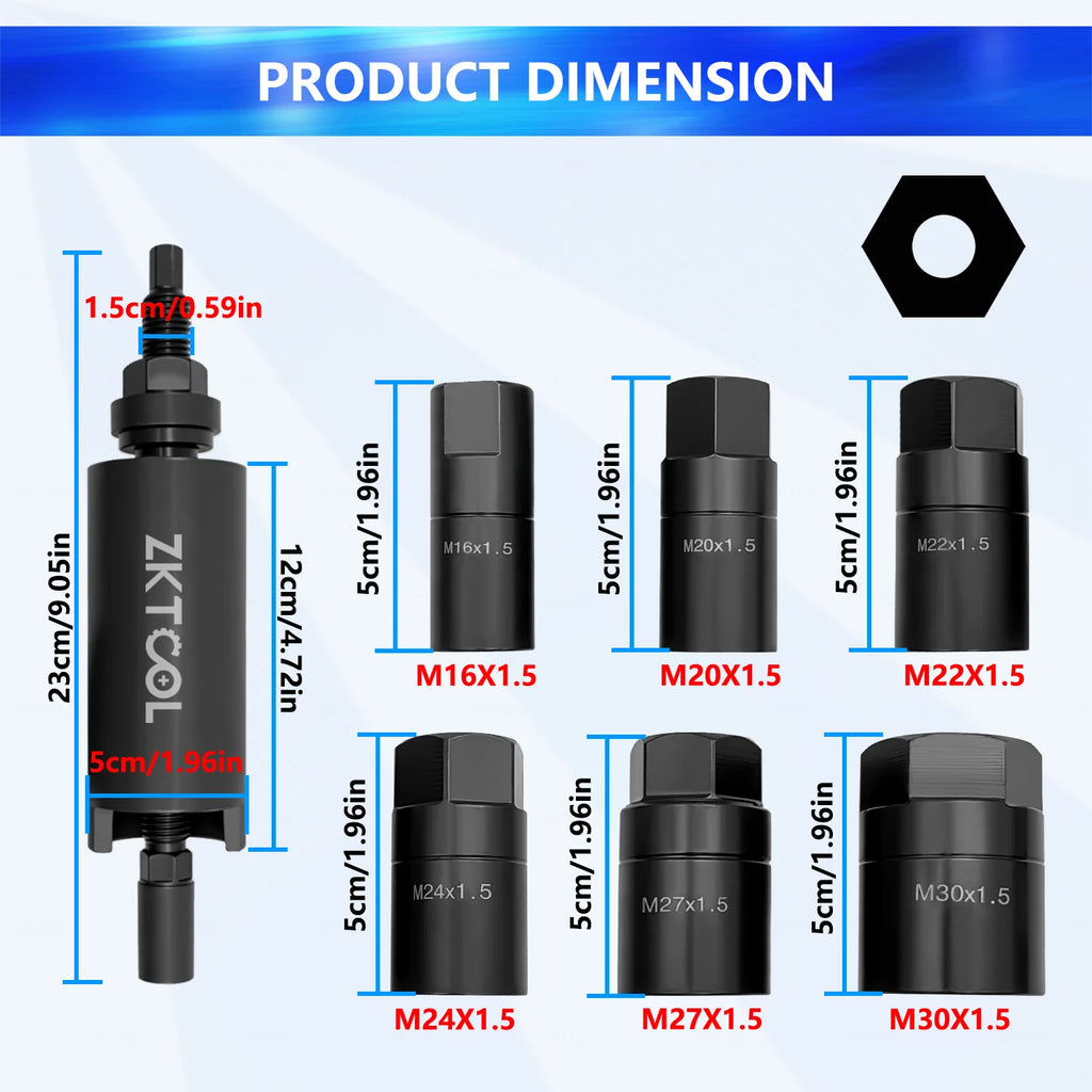 Drive shaft puller dimensions: 23 cm puller and M16 to M30 x1.5 adapters measured at 5 cm | Wrench Haus
