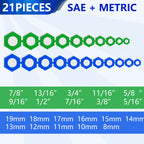 21-piece magnetic socket inserts in two rows with SAE 7/8" to 5/16" and metric 19-8 mm size labels | Wrench Haus