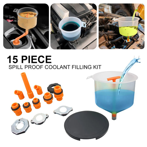 15-Piece Spill-Proof Filling Funnel Kit - "15 Piece Spill Proof Coolant Filling Kit" infographic showing funnel, adapters, and black cap set with in-use photos filling coolant and brake fluid | Wrench Haus