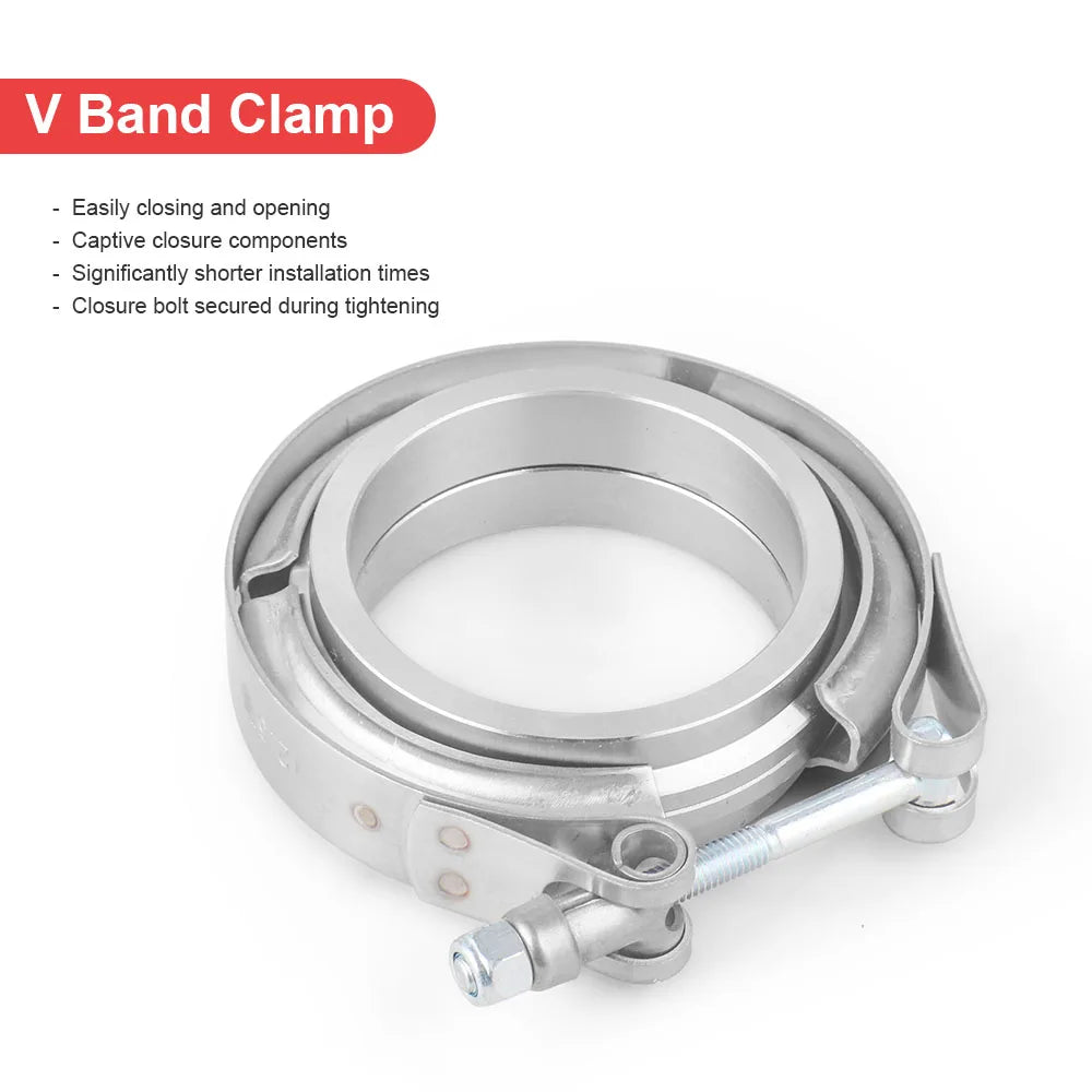 Stainless V-band clamp assembled with male and female flanges, with feature list for the clamp | Wrench Haus