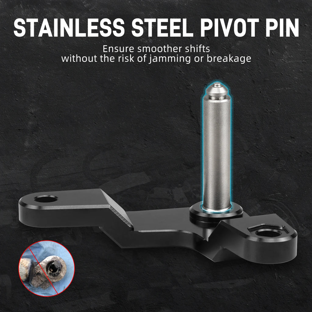 Aluminum shift relay lever with stainless steel pivot pin close-up | Wrench Haus