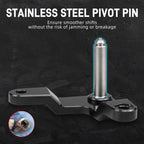 Aluminum shift relay lever with stainless steel pivot pin close-up | Wrench Haus