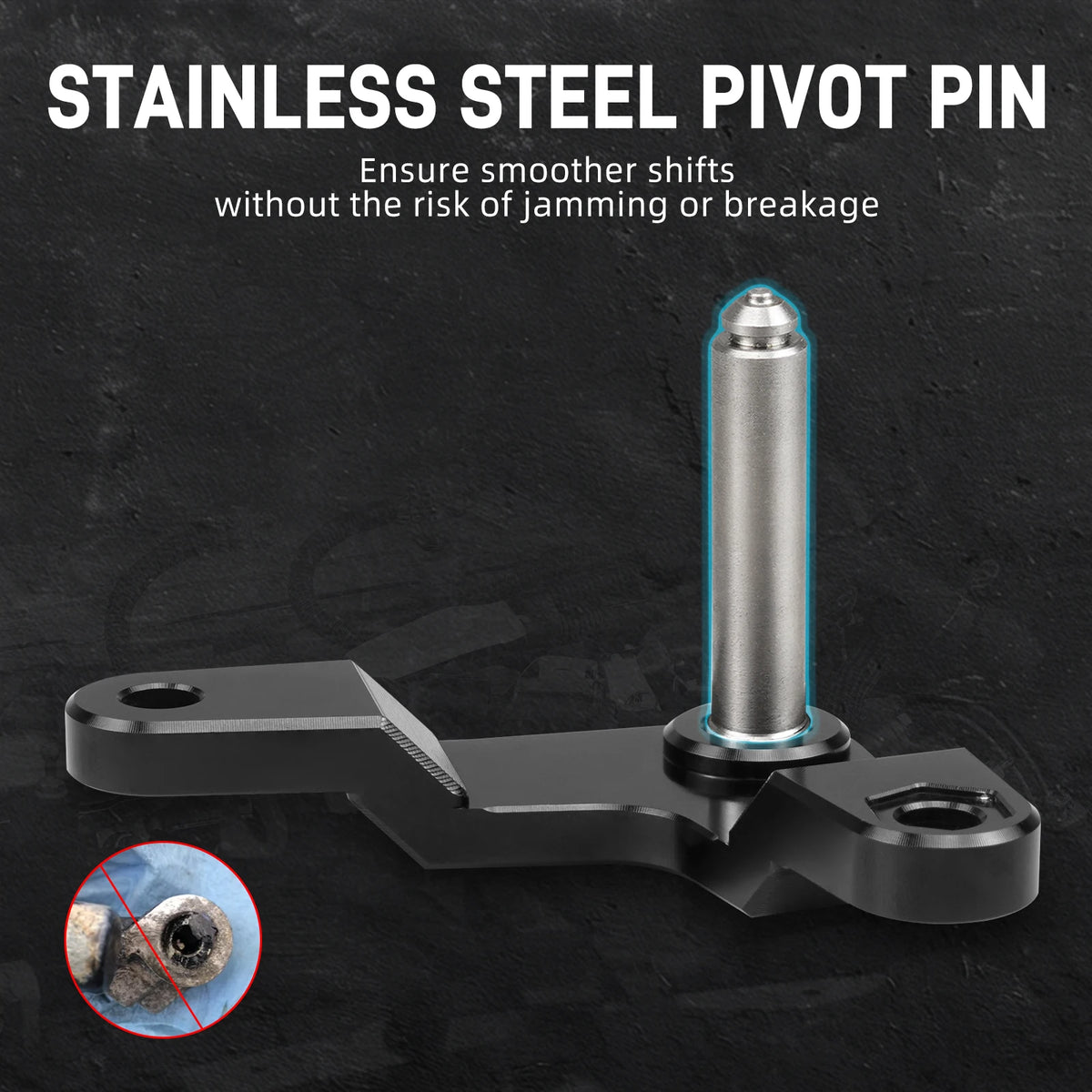 Aluminum shift relay lever with stainless steel pivot pin close-up | Wrench Haus