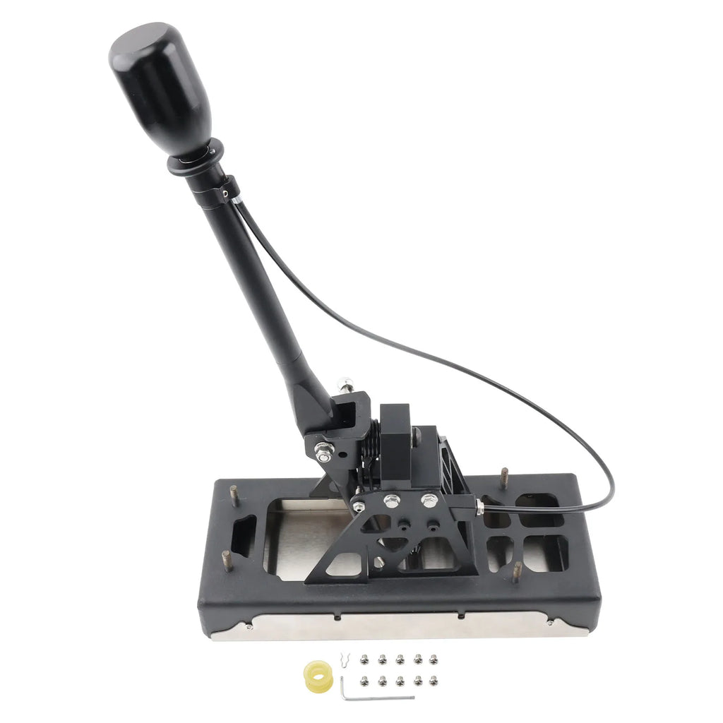 Assembled short-throw shifter with black knob and cable, shown with included bushing and screws | Wrench Haus