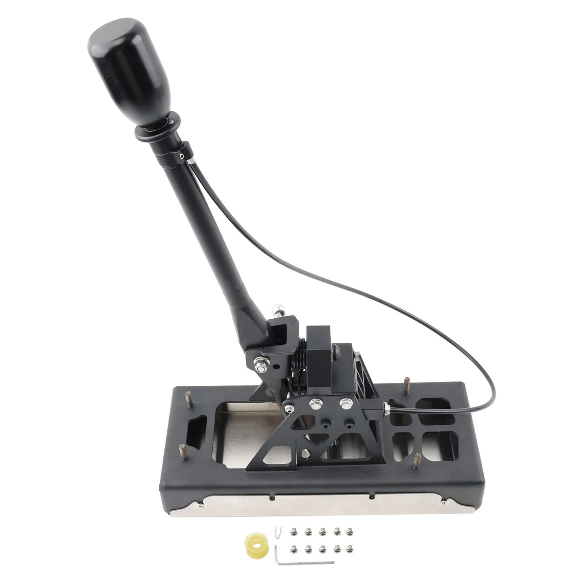 Assembled short-throw shifter with black knob and cable, shown with included bushing and screws | Wrench Haus