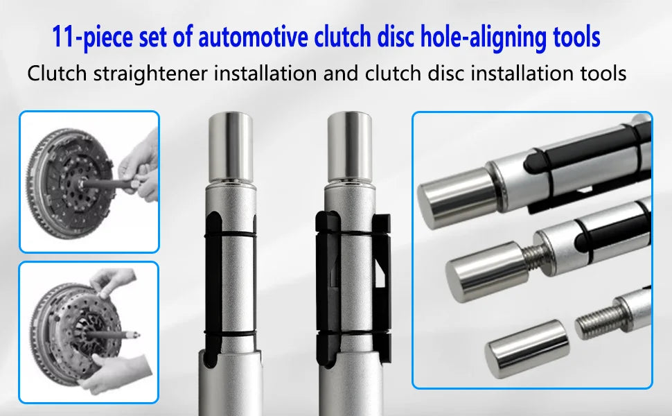 Clutch alignment kit mandrels with expanding jaws, plus insets of use on clutch disc and pressure plate | Wrench Haus