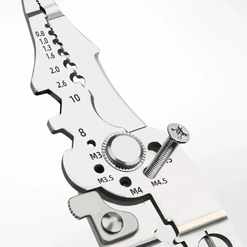 Multifunctional Wire Stripper & Electrician Pliers - Close-up of crimping jaw securing blue wire terminal showing precision crimp profile | Wrench Haus