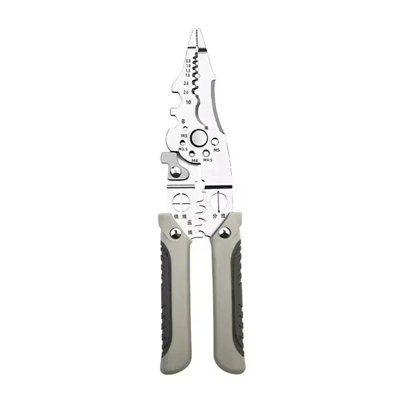 Multifunctional Wire Stripper & Electrician Pliers - Full view of multifunctional electrician pliers in closed position showing stainless steel body | Wrench Haus