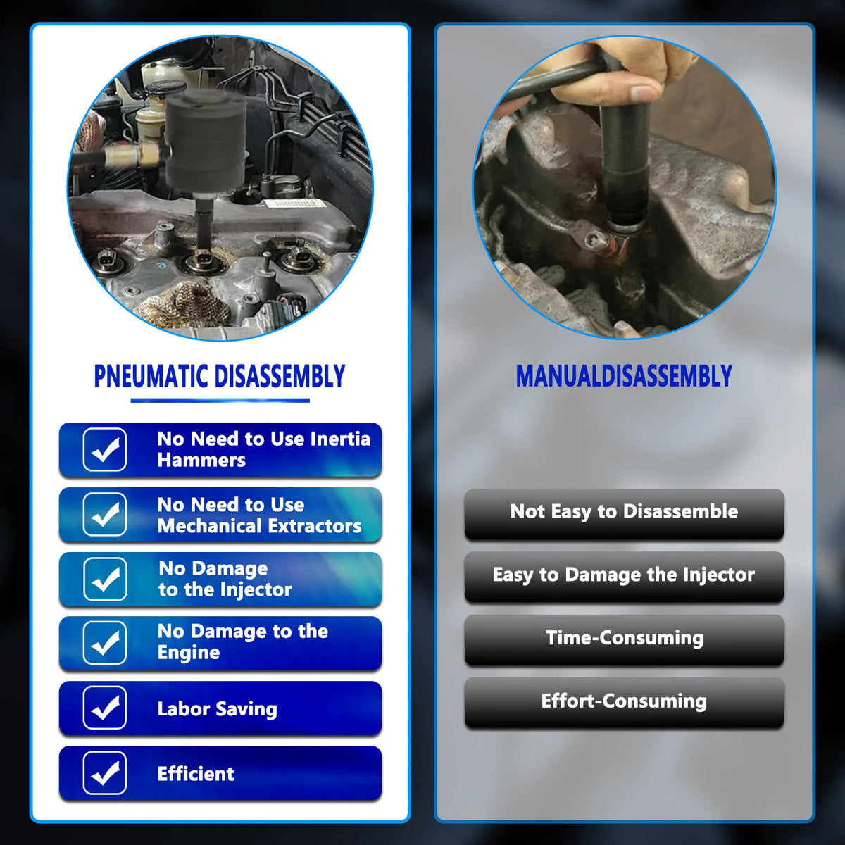 Comparison of pneumatic versus manual diesel injector removal with labeled benefit lists | Wrench Haus