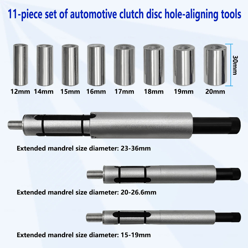 Clutch alignment kit parts: eight sleeves from 12 to 20 mm and three expanding mandrels with size ranges | Wrench Haus