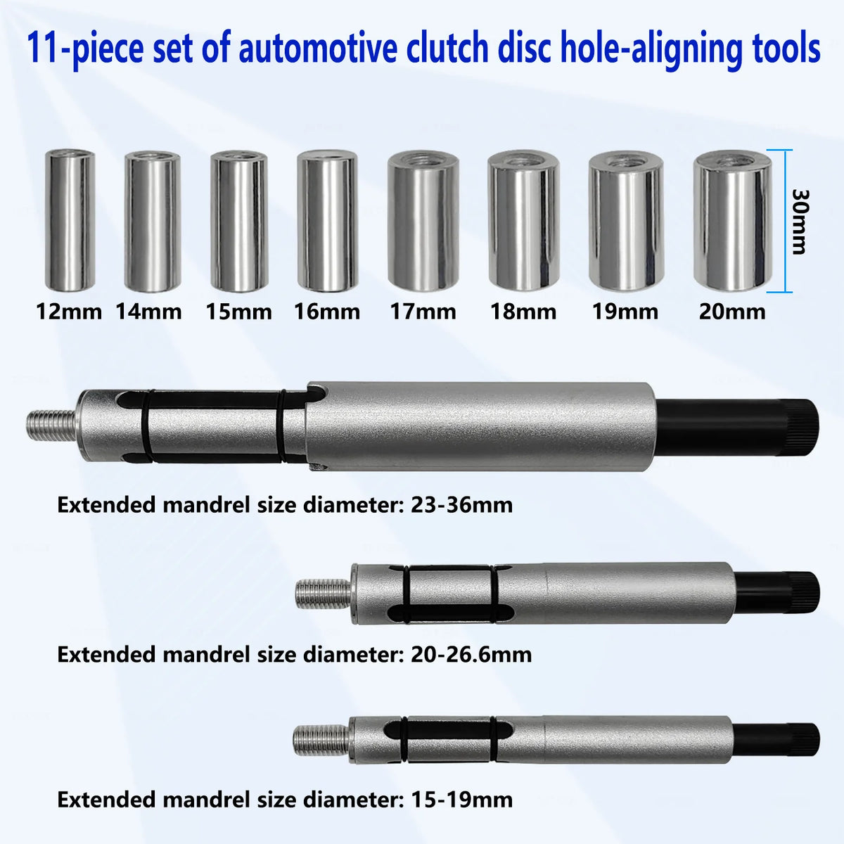 Clutch alignment kit parts: eight sleeves from 12 to 20 mm and three expanding mandrels with size ranges | Wrench Haus