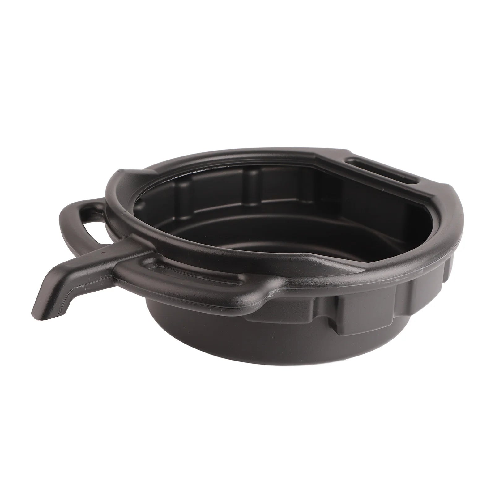 7.5L Oil Drain Pan - Black polypropylene oil drain pan with side handles and pour spout, angled top view | Wrench Haus