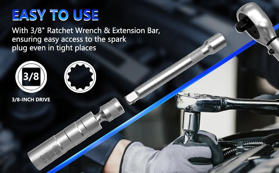 Ratchet and extension with spark plug socket reaching a plug, 3/8" drive and 12-point inset | Wrench Haus