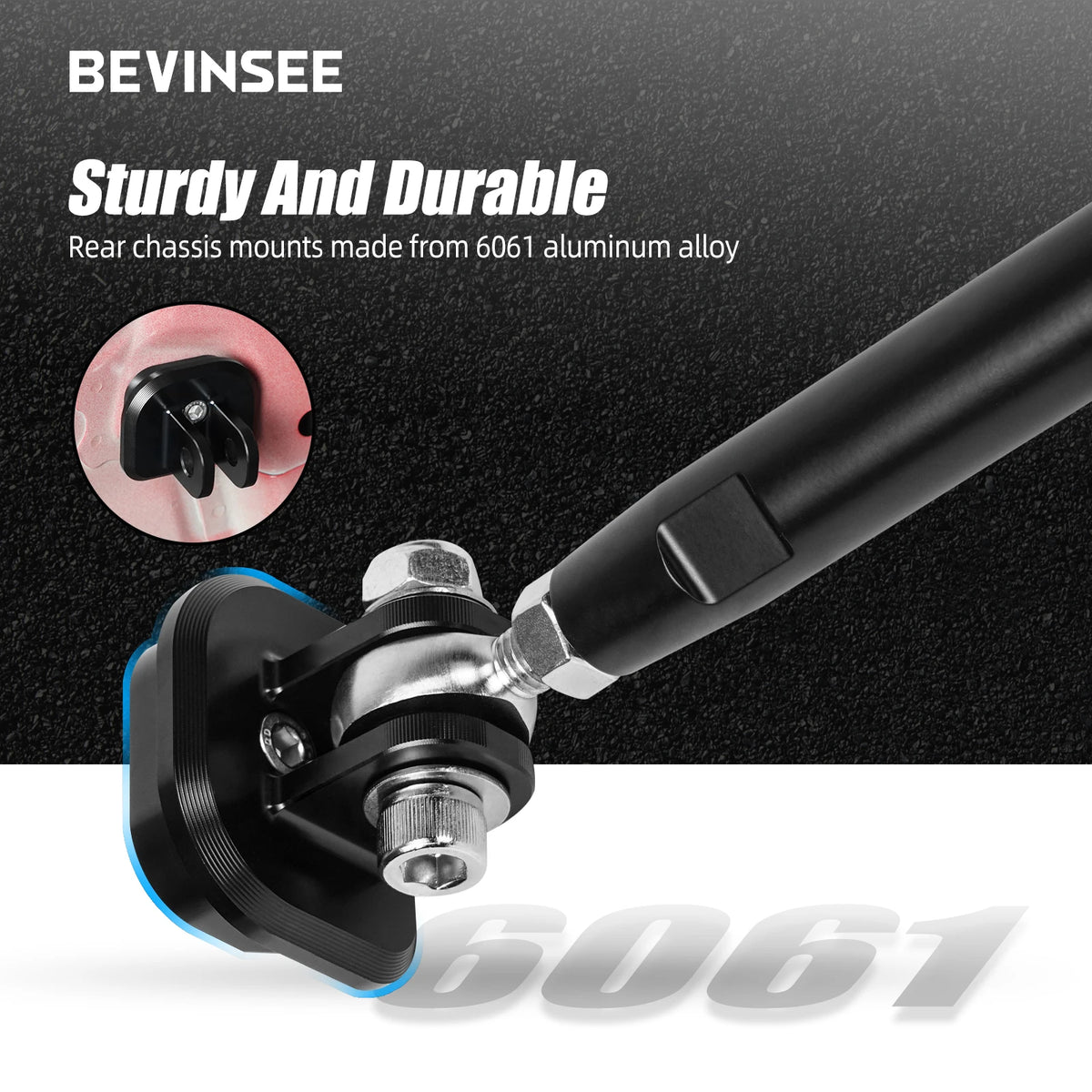 Adjustable rear strut brace end mount close-up, 6061 aluminum bracket | Wrench Haus