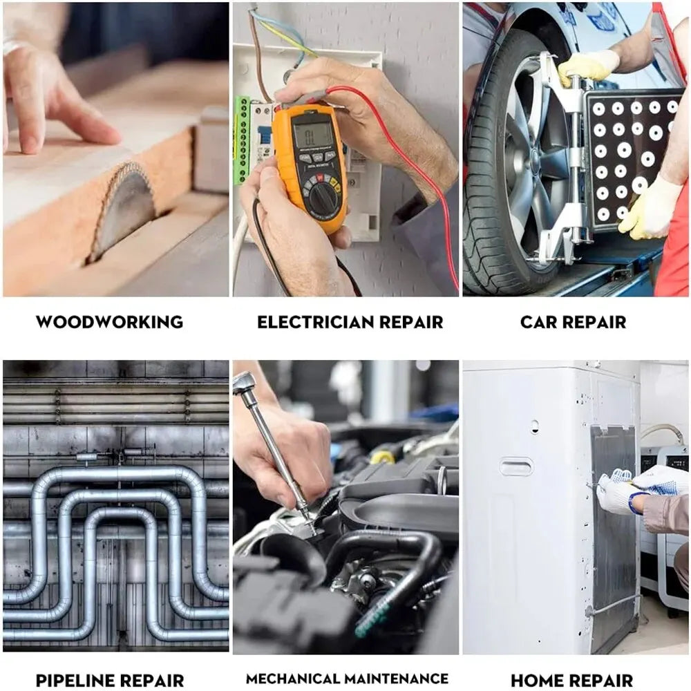 7" Locking Pliers - Use-case graphic showing applications across woodworking, electrical repair, car repair, plumbing, and mechanical maintenance | Wrench Haus