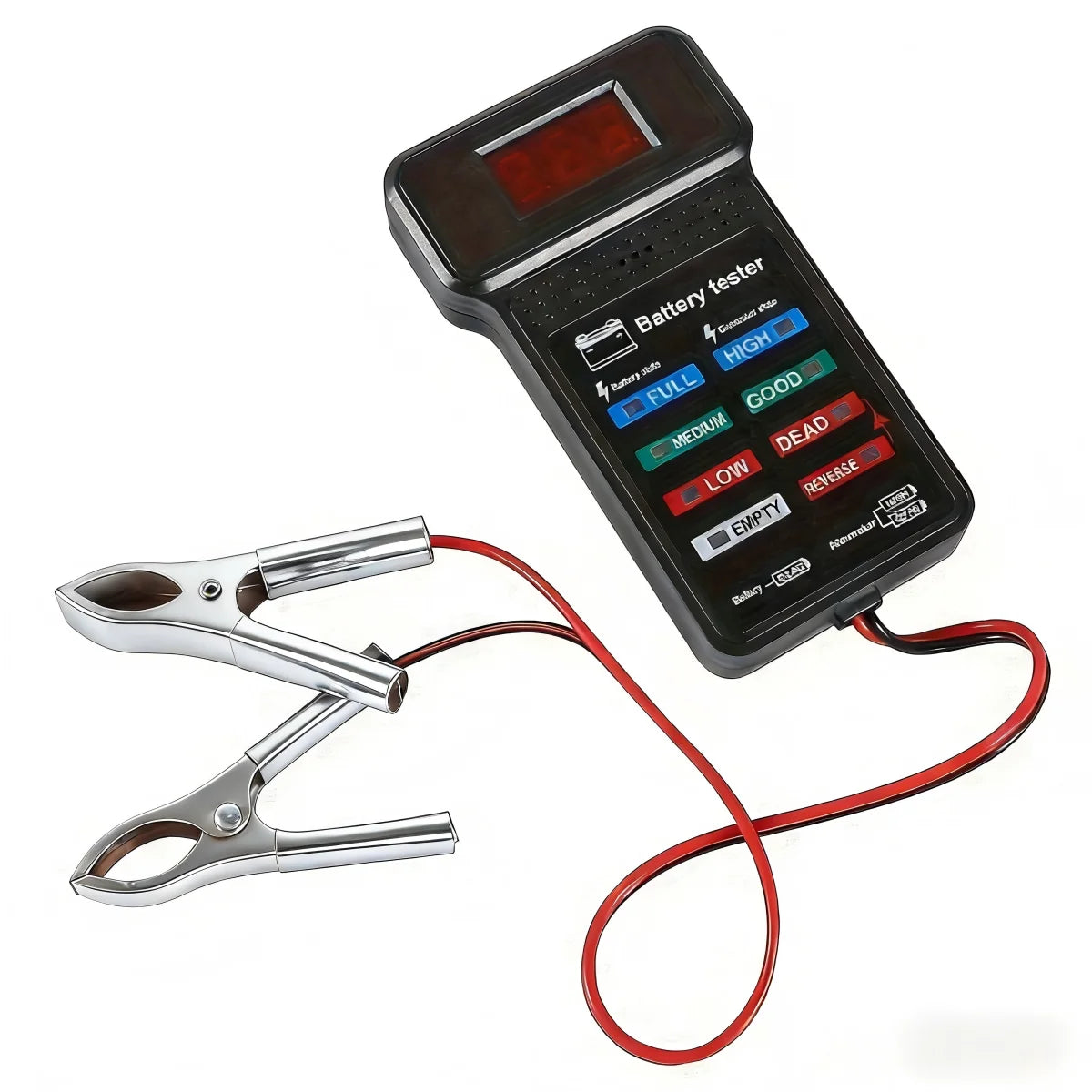 Battery tester connected to car battery terminals
