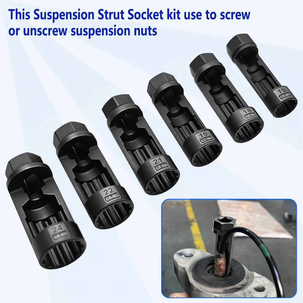 Strut nut sleeves fanned out diagonally, inset of one used on a strut nut with an air line | Wrench Haus