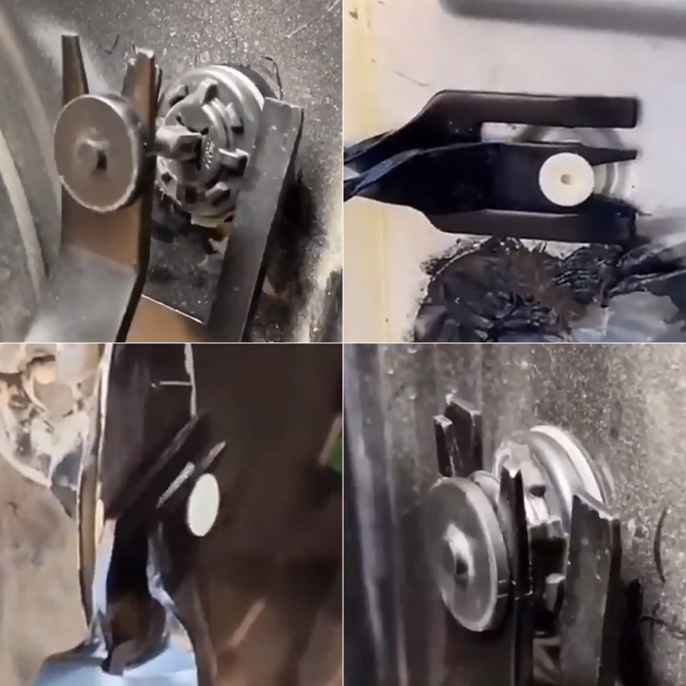 Four photos of the trim clip pliers releasing round fasteners on body panels | Wrench Haus