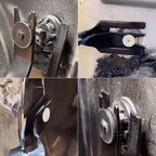 Four photos of the trim clip pliers releasing round fasteners on body panels | Wrench Haus