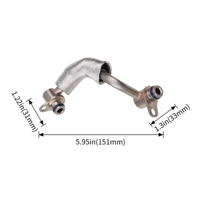 Second turbo coolant pipe with mounting tab, dimensions 151mm long and 33mm end offset | Wrench Haus