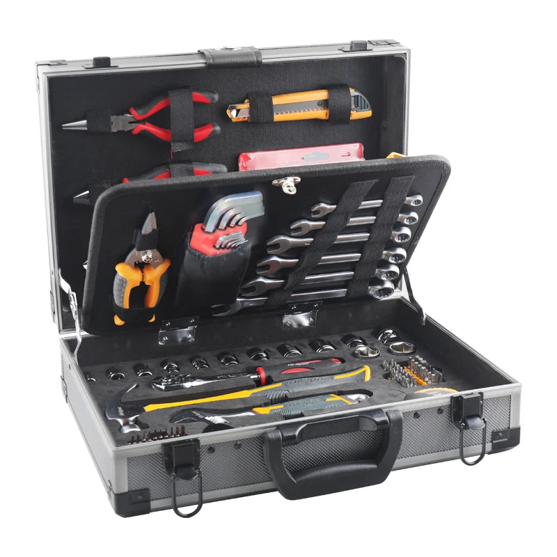 91-Piece Professional Tool Set - Open aluminum case showing top tray with wrenches, sockets and screwdrivers neatly organized | Wrench Haus