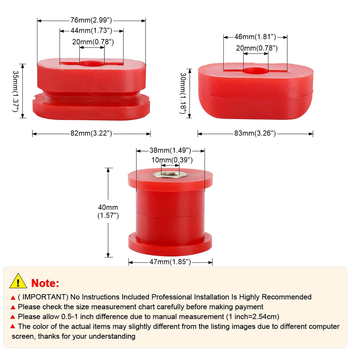 Size chart for the polyurethane dog bone engine mount inserts with mm and inch dimensions | Wrench Haus