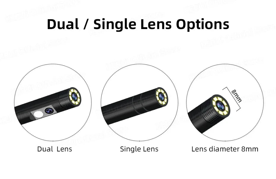 Industrial Borescope Inspection Camera - Comparison graphic showing dual lens, single lens, and semi-diamond lens probe options | Wrench Haus