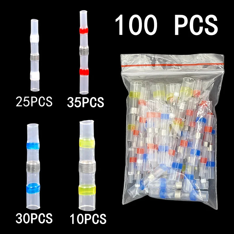IP67 Waterproof Heat Shrink Wire Connector Terminals - 100-piece assorted heat shrink terminal bag showing quantity breakdown by wire gauge size | Wrench Haus