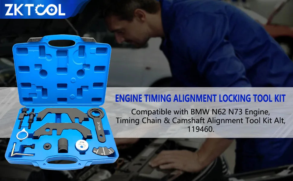 BMW N62/N73 engine timing locking tool kit in its case with a mechanic working in the background | Wrench Haus