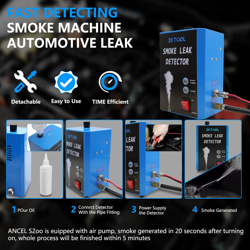 Smoke leak detector four-step setup: pour oil, connect hose, power up and generate smoke | Wrench Haus