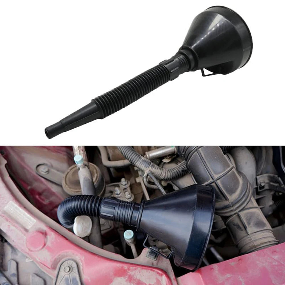 Car Funnel with Extension Pipe In Use on Engine - Universal Oil Filling Funnel Set | Wrench Haus