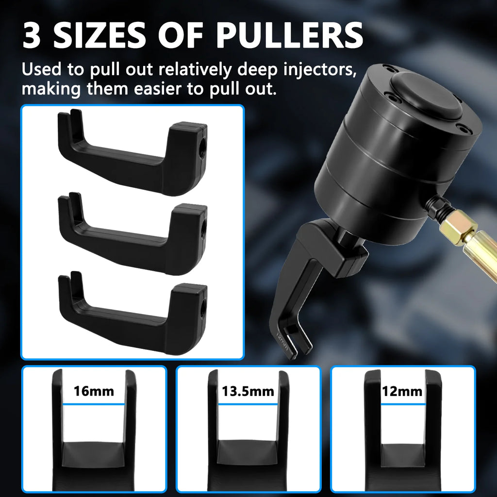 Three forked pullers in 16, 13.5 and 12 mm sizes beside the pneumatic injector puller hammer | Wrench Haus