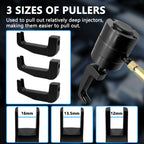 Three forked pullers in 16, 13.5 and 12 mm sizes beside the pneumatic injector puller hammer | Wrench Haus