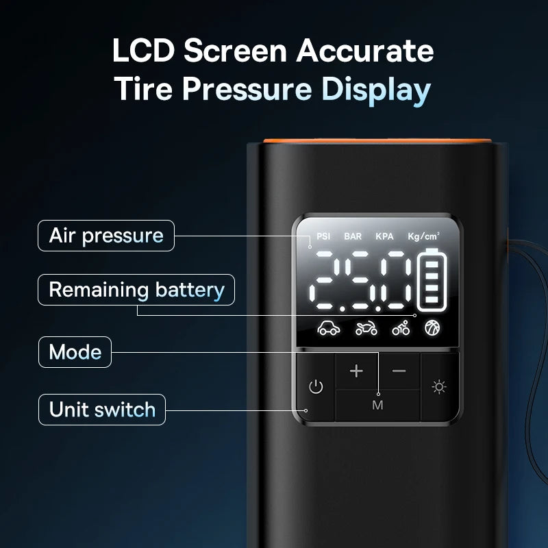 Baseus Portable Air Compressor - LCD screen callout showing air pressure reading, remaining battery, inflation mode, and unit switch | Wrench Haus